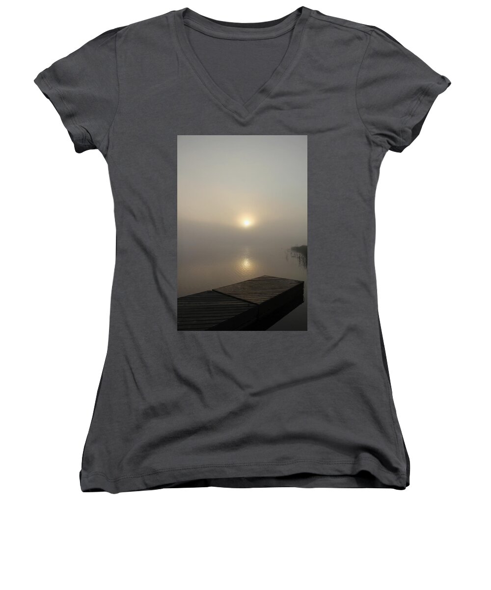 Fog Women's V-Neck featuring the photograph Foggy Reflections by Debbie Oppermann