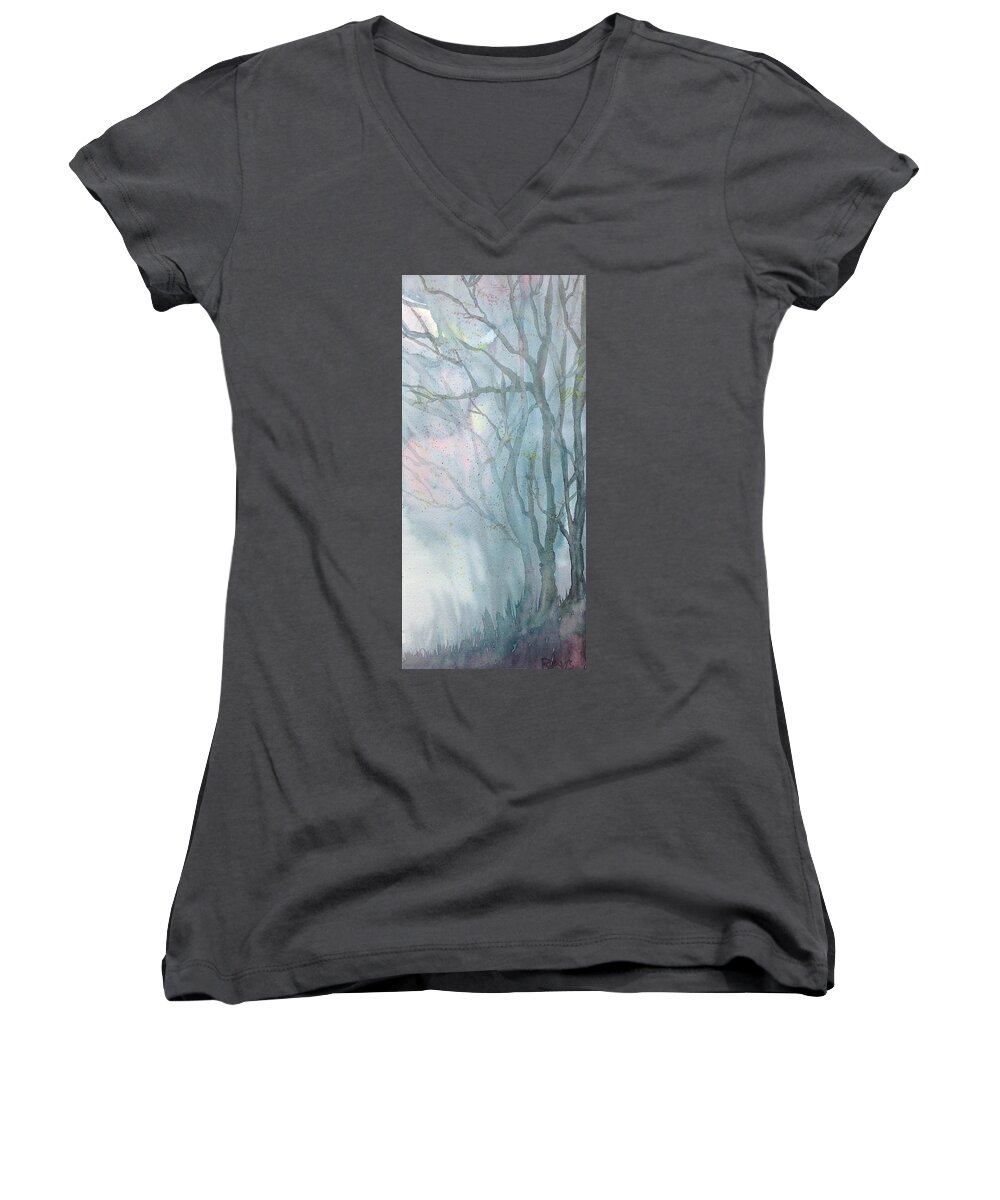 Fog Women's V-Neck featuring the painting Foggy Trees by Rebecca Davis