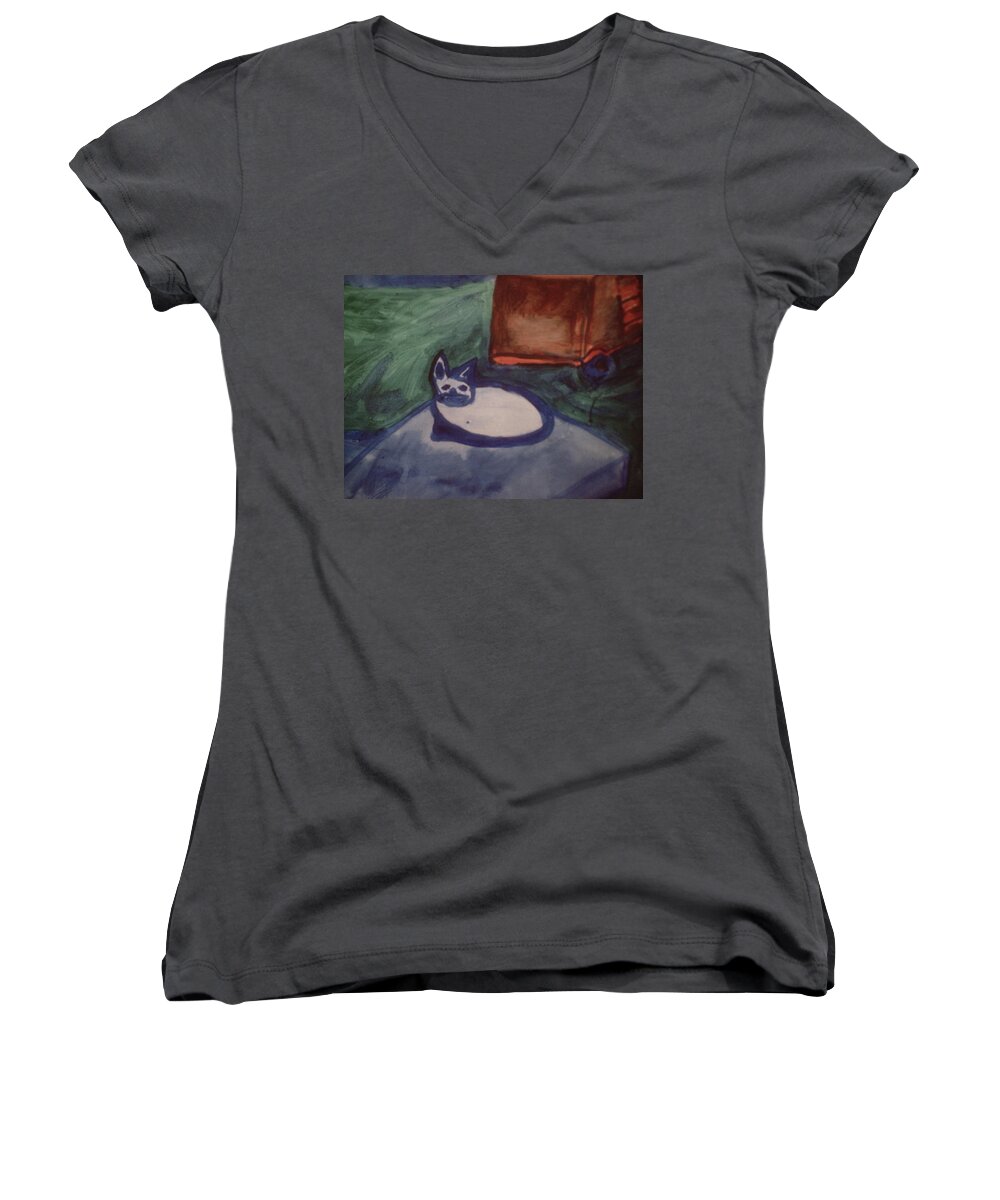 Art Women's V-Neck featuring the painting Folk Art Cat by Shea Holliman