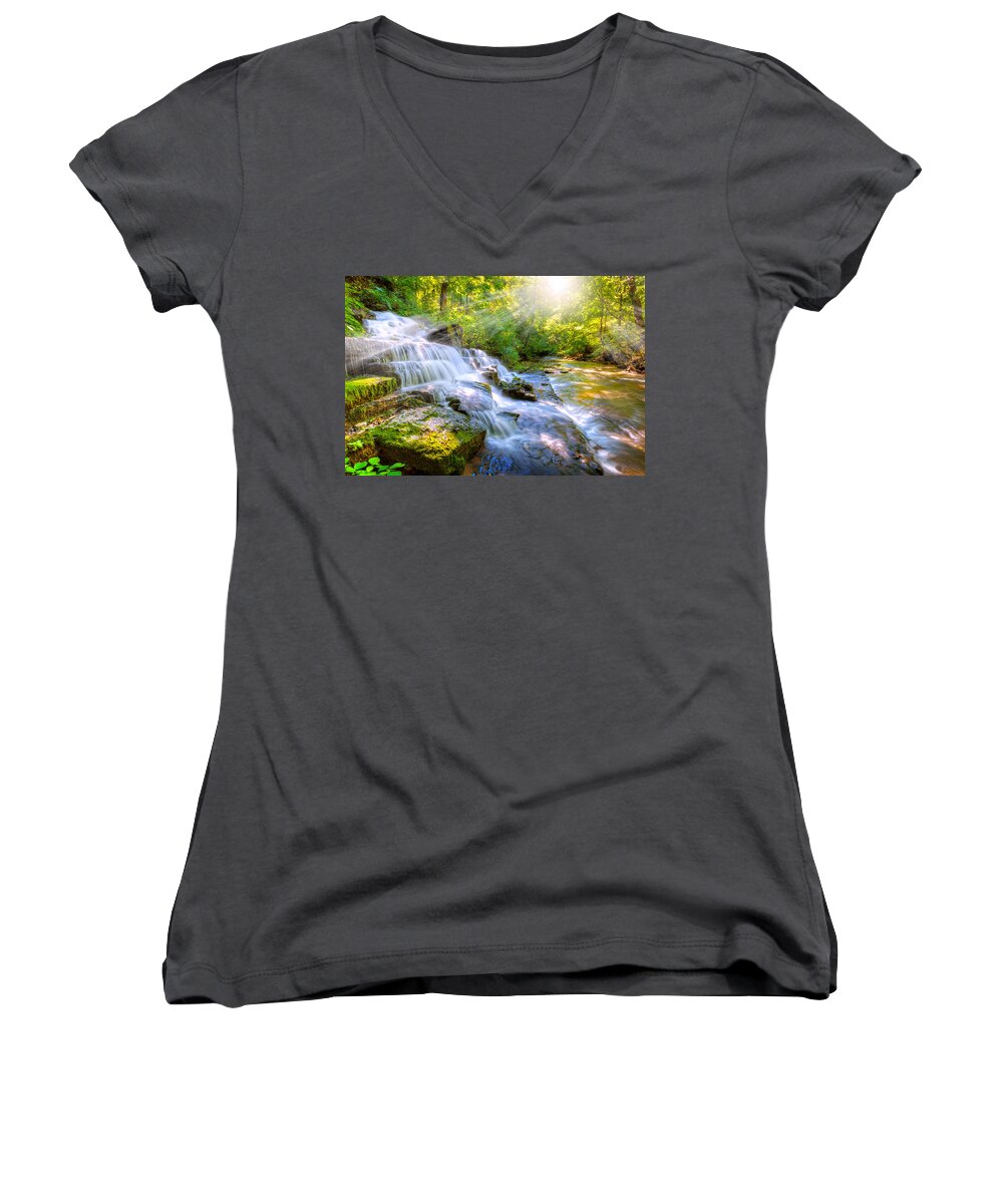 Beautiful Women's V-Neck featuring the photograph Forest stream and waterfall by Alexey Stiop