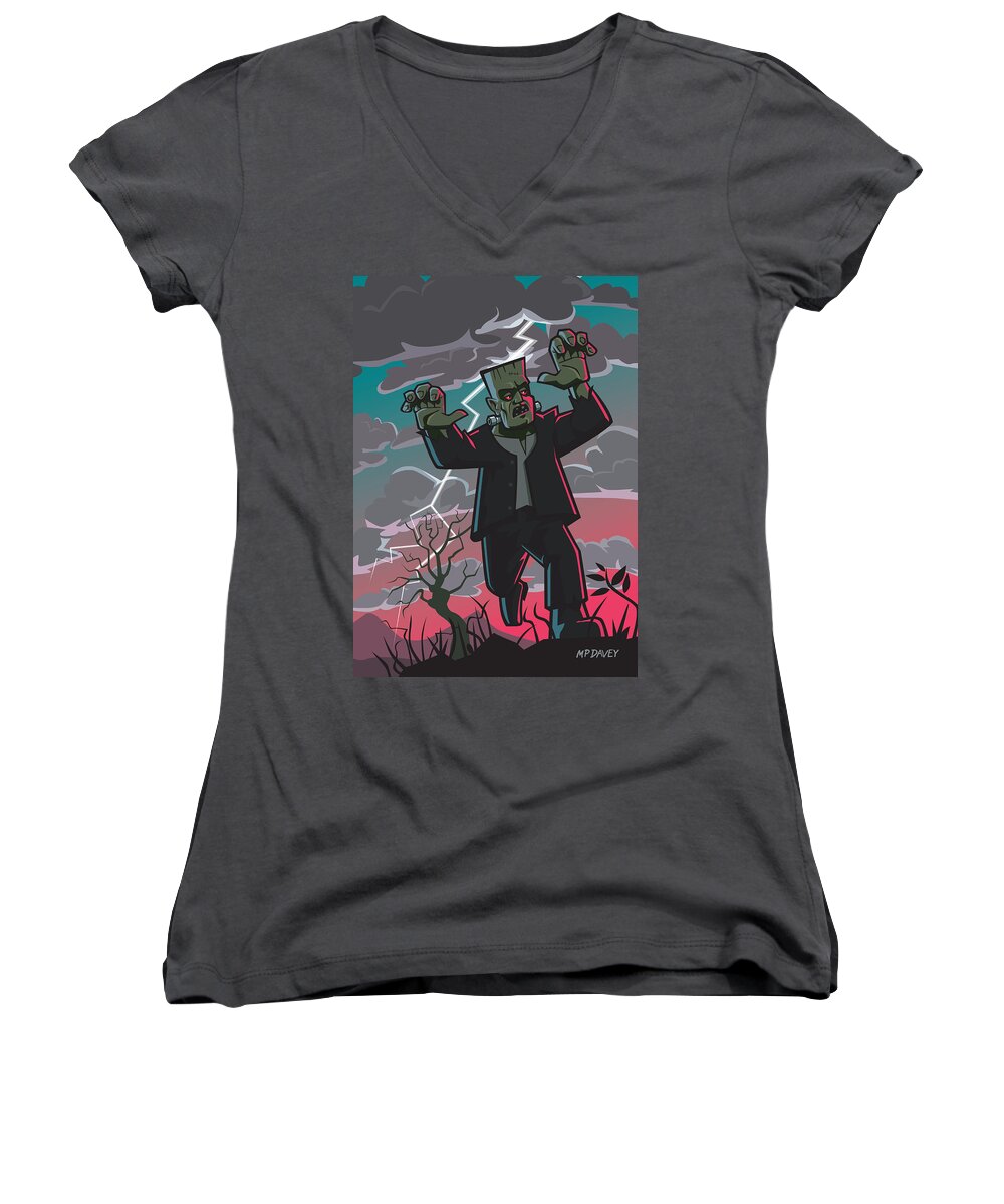 Frankenstein Women's V-Neck featuring the digital art Frankenstein Creature In Storm by Martin Davey