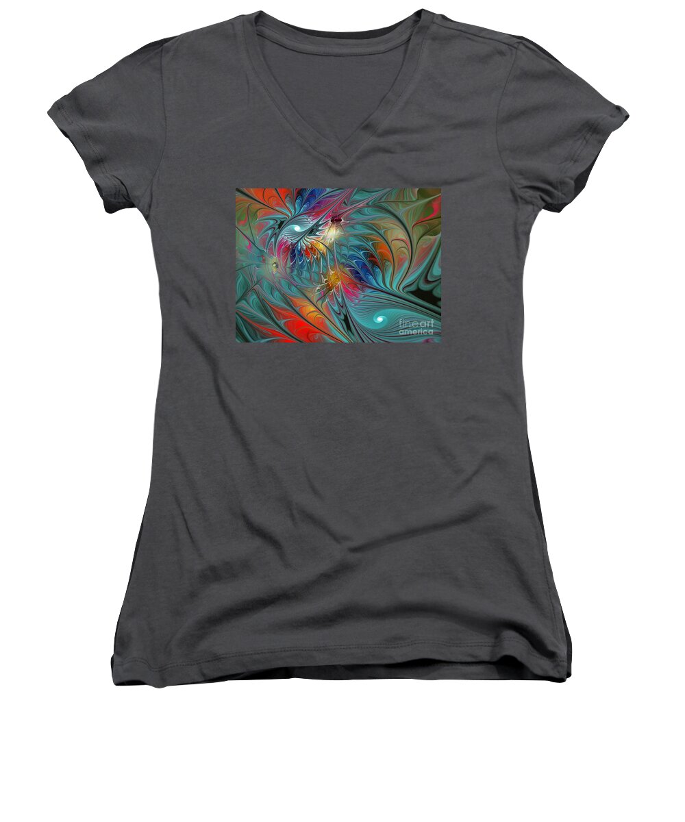 Abstract Women's V-Neck featuring the digital art Fresh Mints and Cool Blues-Abstract Fractal Art by Karin Kuhlmann