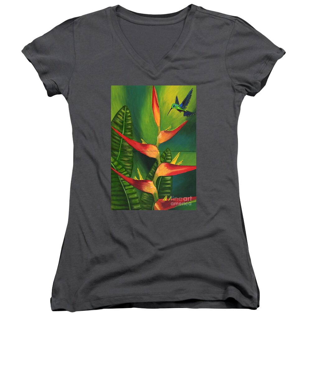Humming Bird Women's V-Neck featuring the painting Friendship by Laura Forde