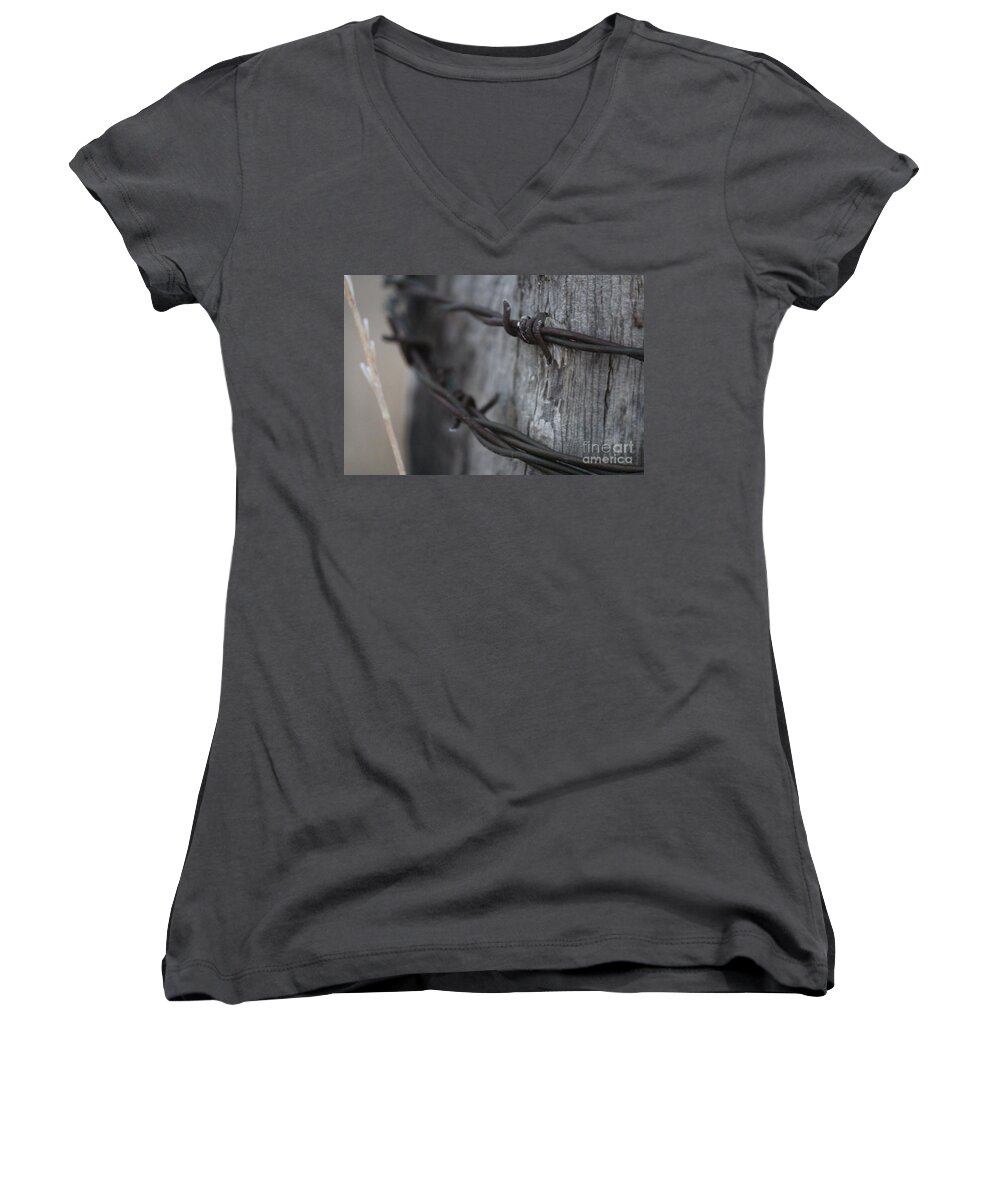 Barbed Wire Women's V-Neck featuring the photograph Frost on the Wire by Ann E Robson