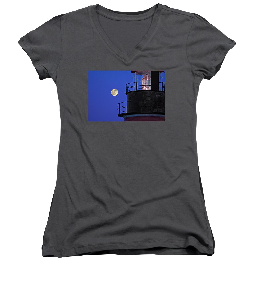 Full Moon And West Quoddy Head Lighthouse Beacon Women's V-Neck featuring the photograph Full Moon and West Quoddy Head Lighthouse Beacon by Marty Saccone