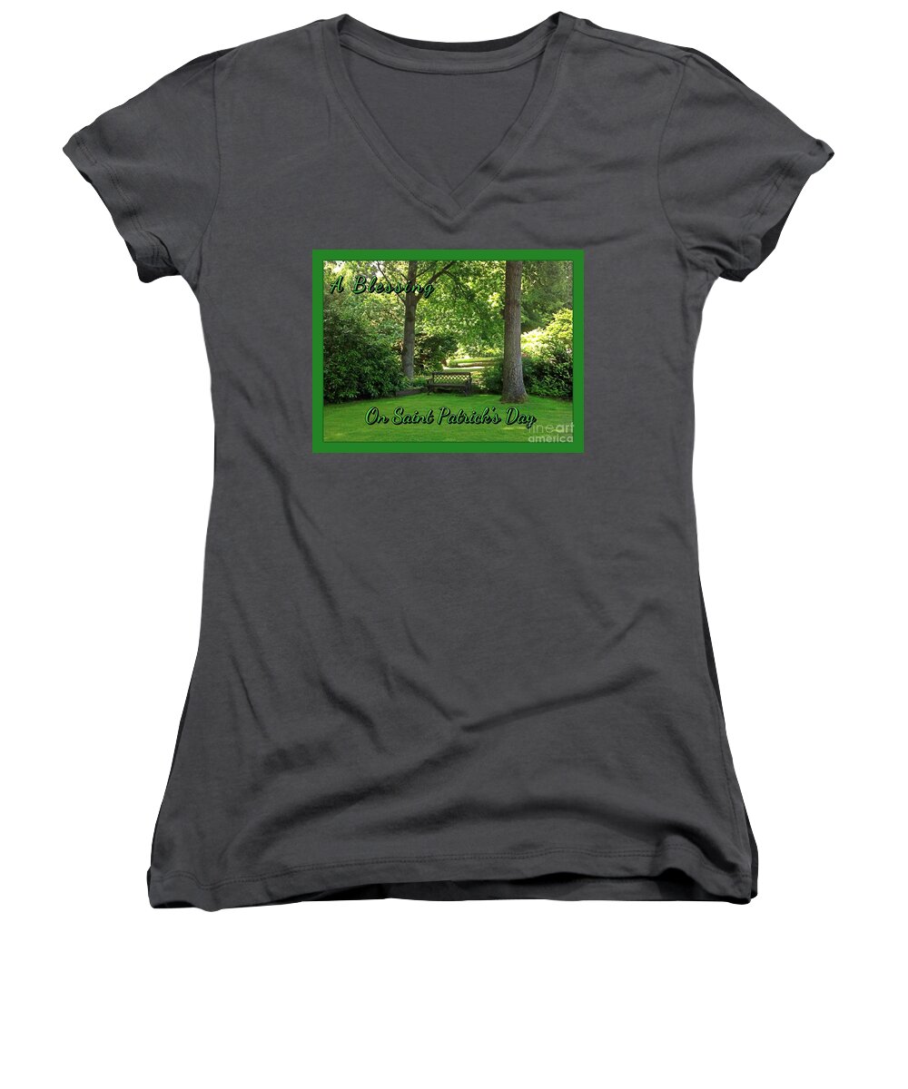 Garden Bench Women's V-Neck featuring the photograph Garden Bench on Saint Patrick's Day by Joan-Violet Stretch
