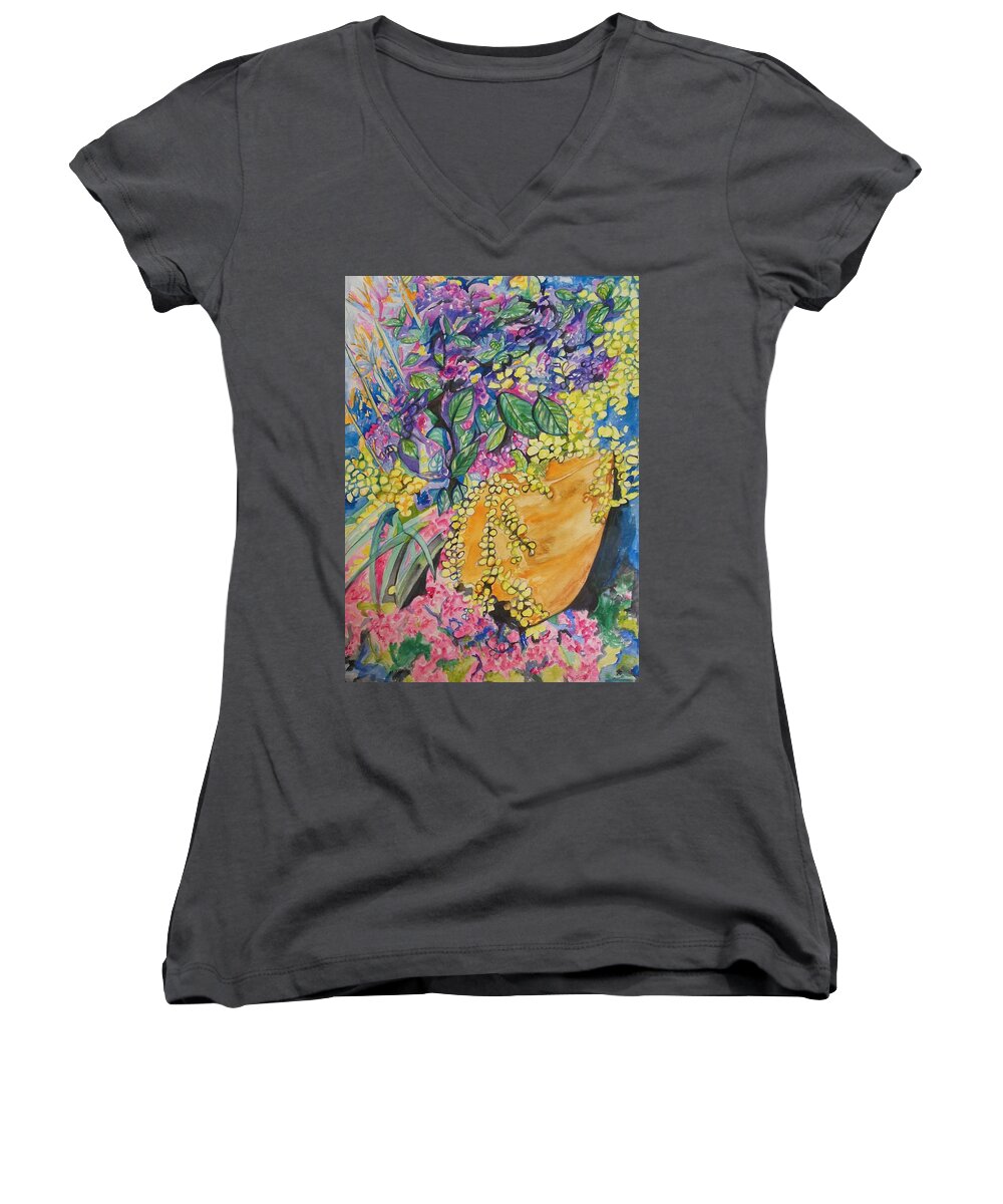 Garden Flowers In A Pot Women's V-Neck featuring the painting Garden Flowers in a Pot by Esther Newman-Cohen