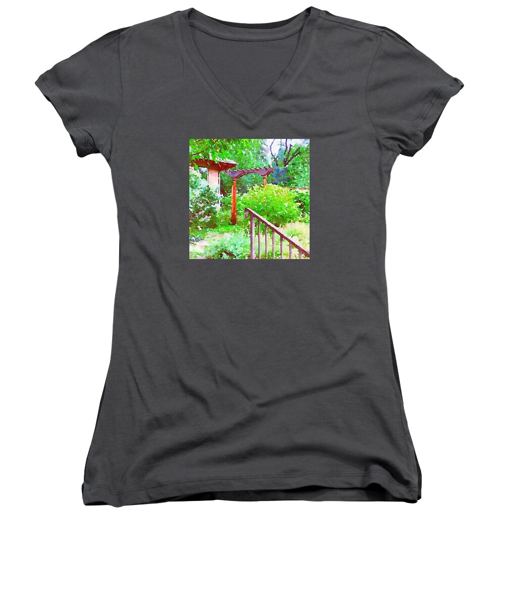 Garden Path With Arbor Women's V-Neck featuring the photograph Garden Path with Arbor by Anna Porter