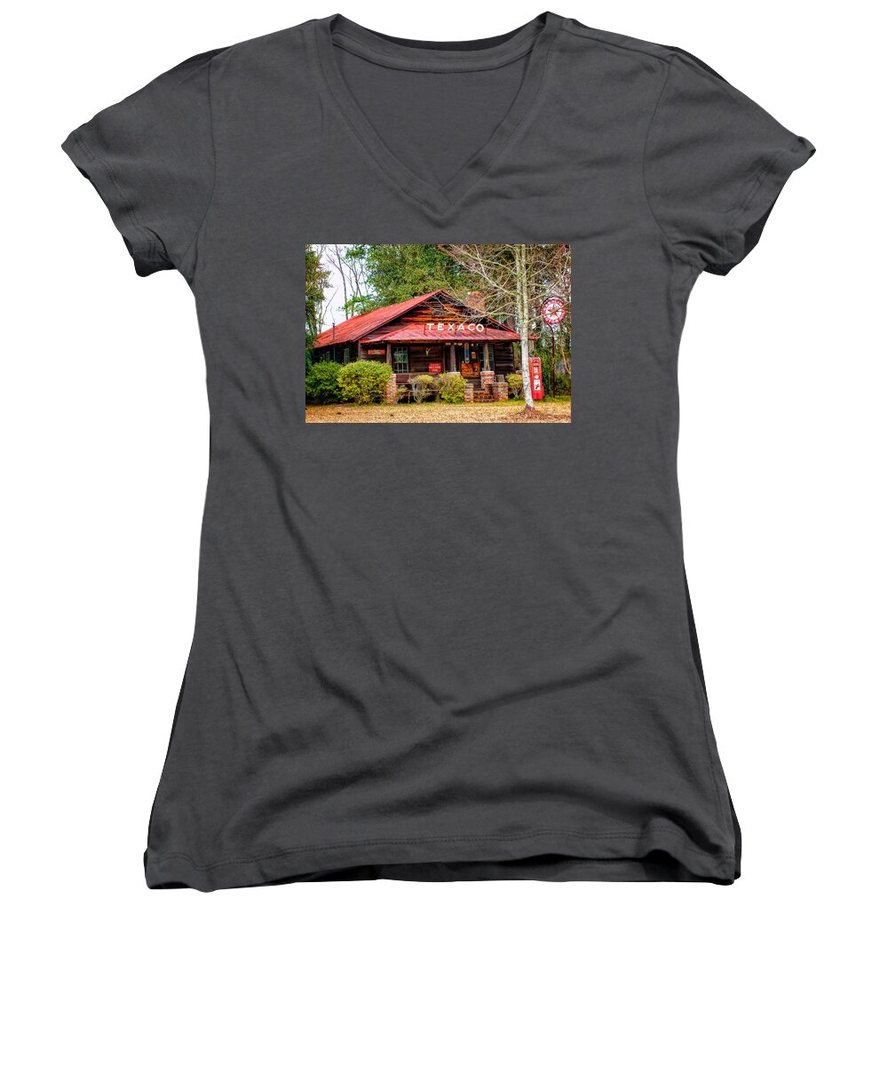Gas Station Women's V-Neck featuring the photograph Gas Station 1 by Dawn Eshelman
