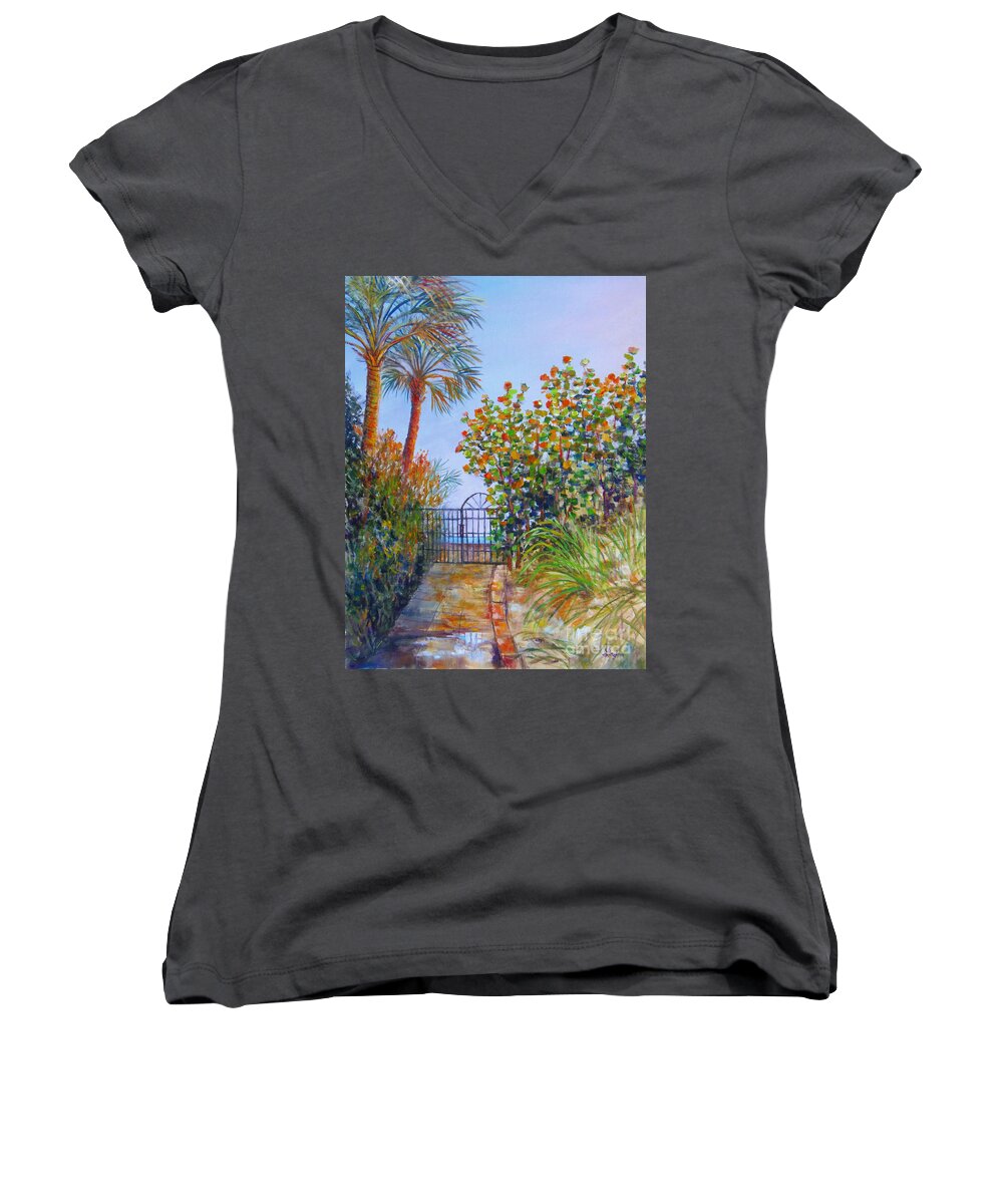  Crescent Beach Women's V-Neck featuring the painting Gateway to Paradise by Lou Ann Bagnall