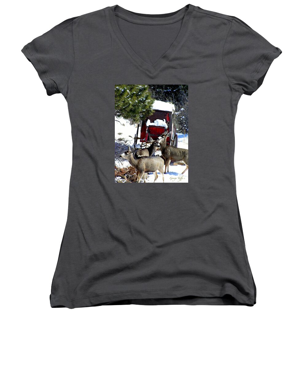 Animal Photography Women's V-Neck featuring the photograph Gathering at the old stage coach.. by George Tuffy