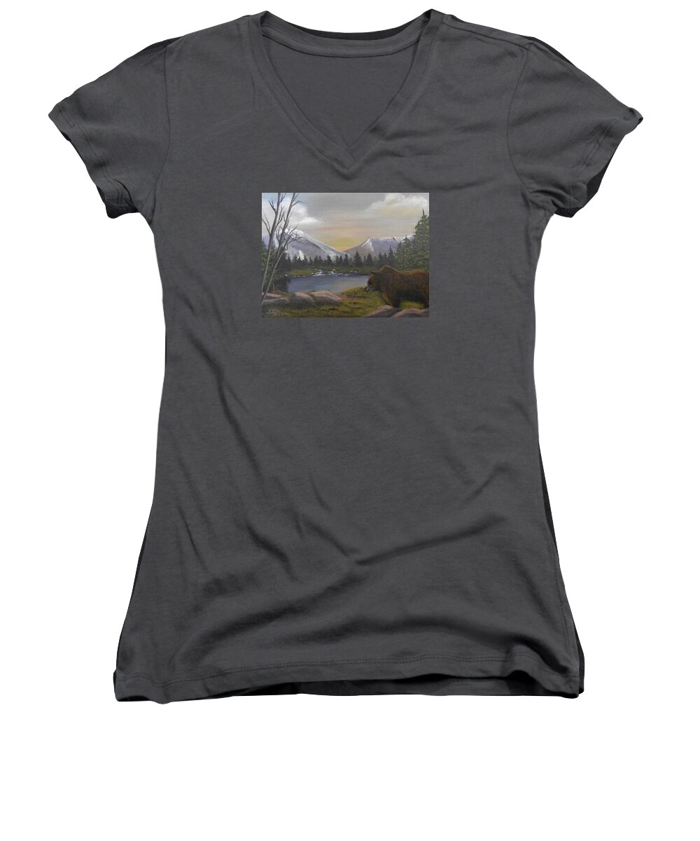 Grizzly Bear Women's V-Neck featuring the painting Ghost Bear-the Cascade Grizzly by Sheri Keith