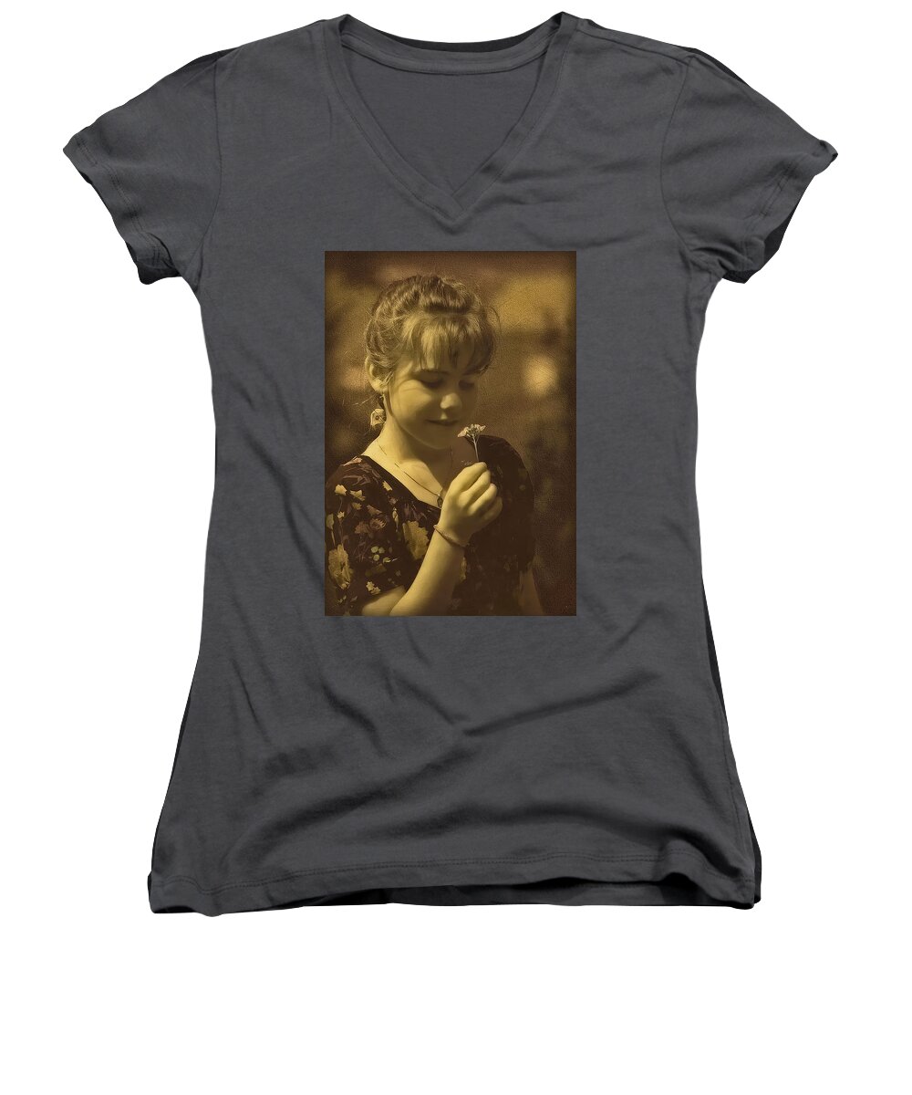 Girl Women's V-Neck featuring the photograph Girl with Flower by Hanny Heim