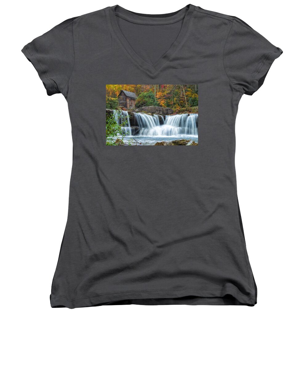 Babcock State Park Women's V-Neck featuring the photograph Glade Creek Grist Mill and Waterfalls by Lori Coleman