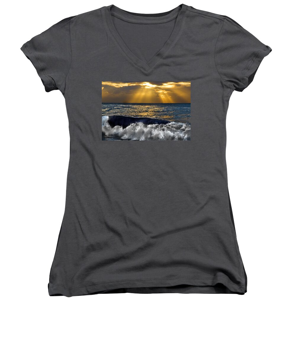 #dee Why Women's V-Neck featuring the photograph Golden eye of the morning by Miroslava Jurcik