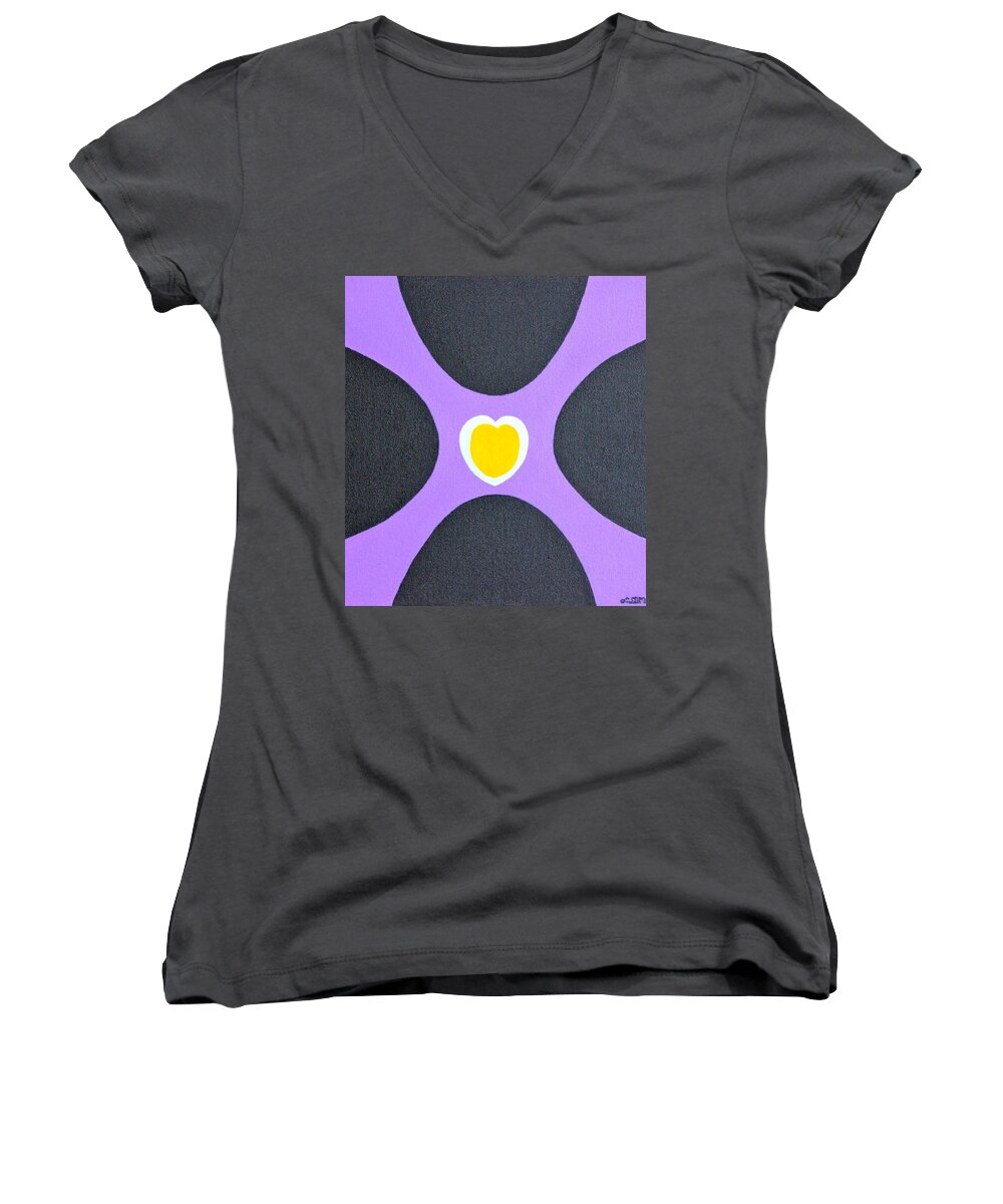 All Products Women's V-Neck featuring the painting Golden Heart by Lorna Maza