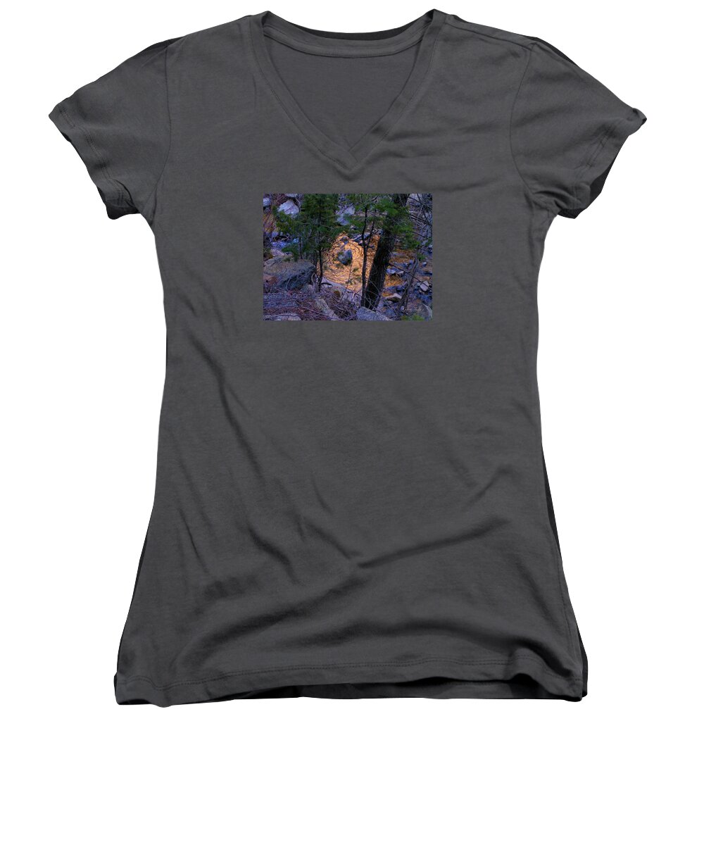 Golden Pond Creek Nature Reflection Sunset Colorado Rocky Mountains Water Women's V-Neck featuring the photograph Golden pond by George Tuffy