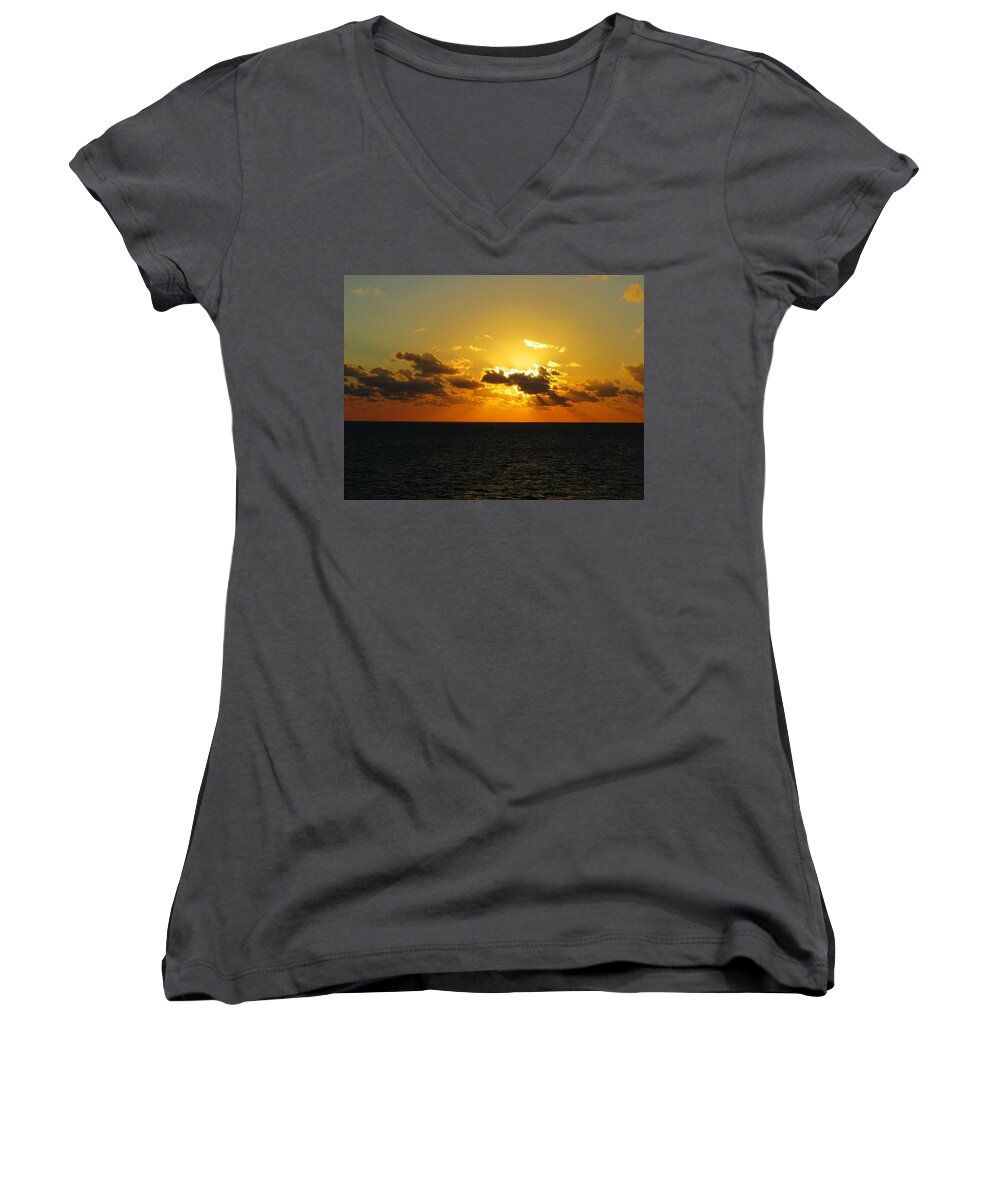 Coco Cay Women's V-Neck featuring the photograph Golden Rays Sunset by Jennifer Wheatley Wolf