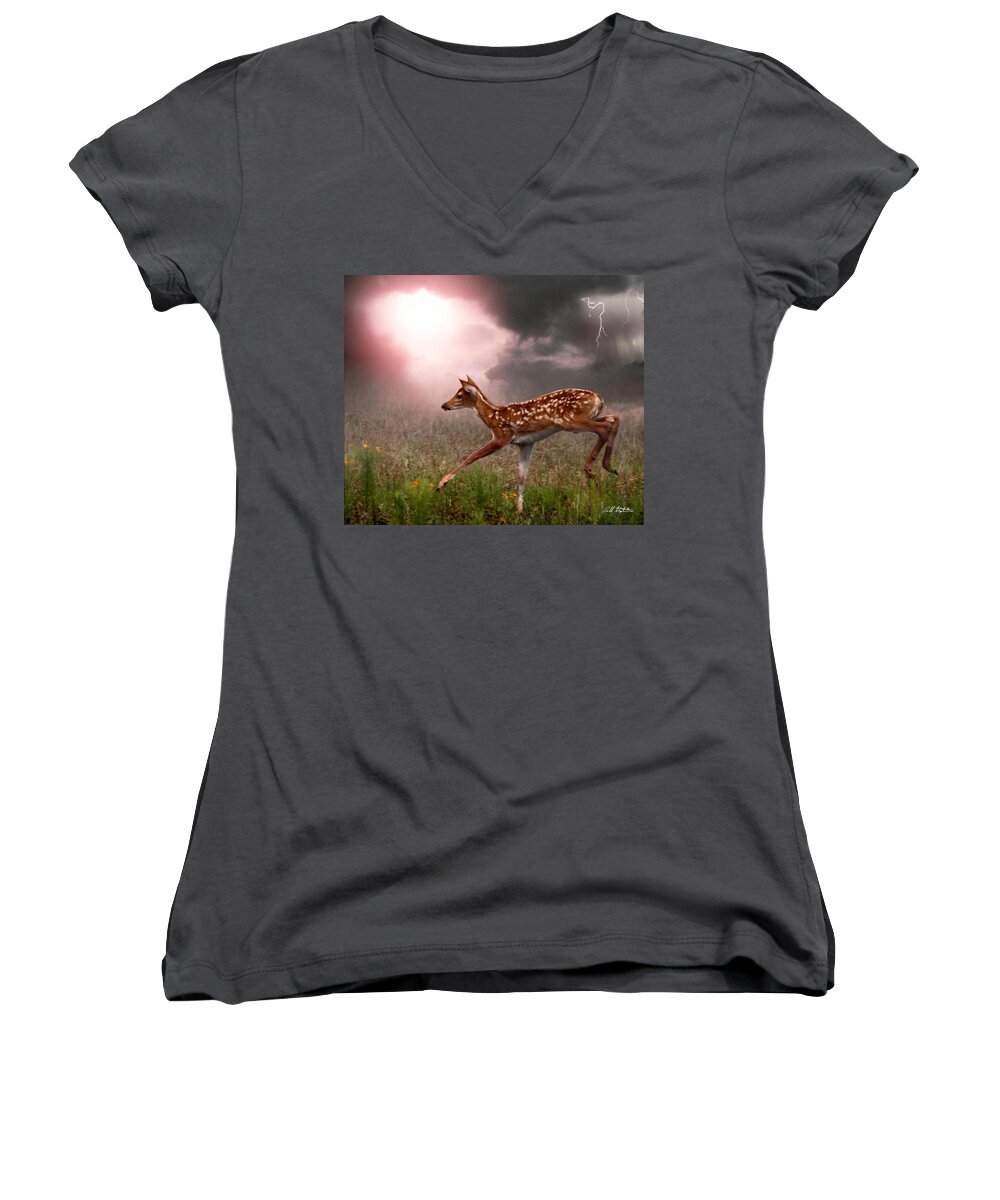 Deer Women's V-Neck featuring the digital art Goodbye Bambi by Bill Stephens