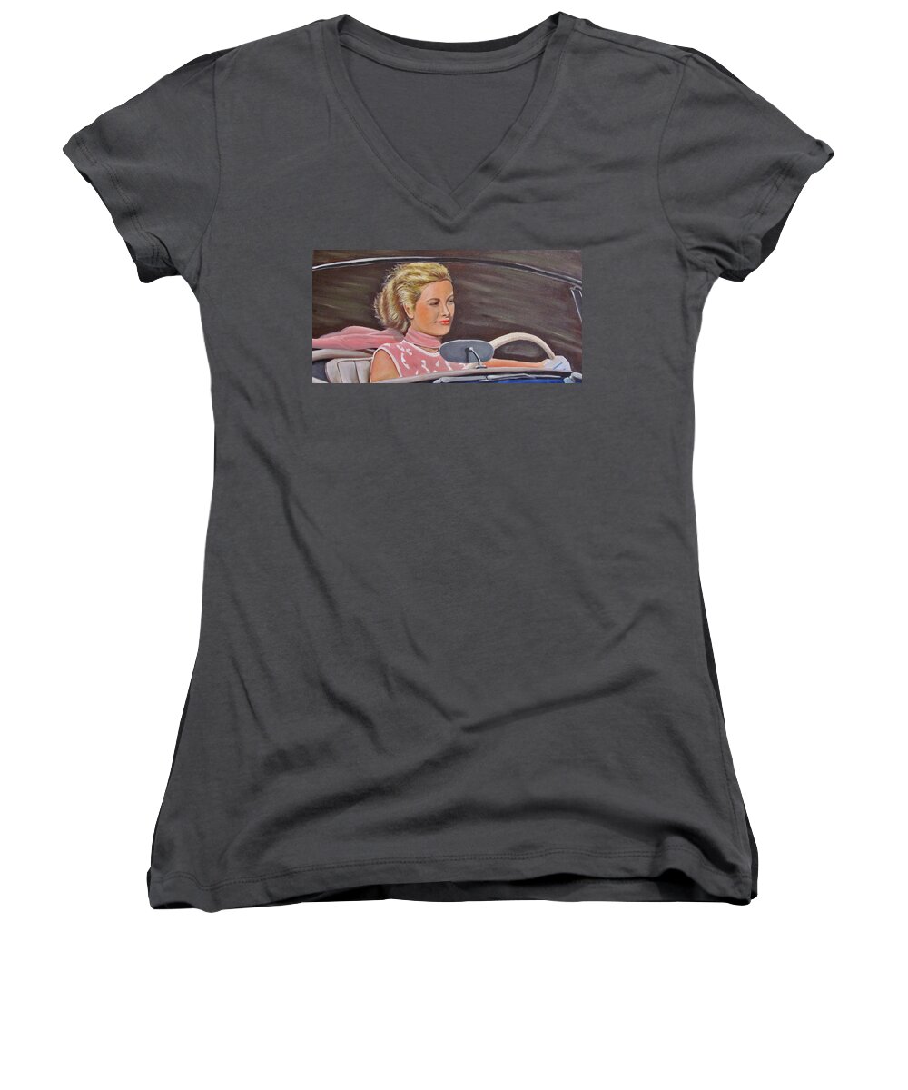 Grace Kelly Women's V-Neck featuring the painting Grace Kelly - To Catch a Thief by Kevin Hughes