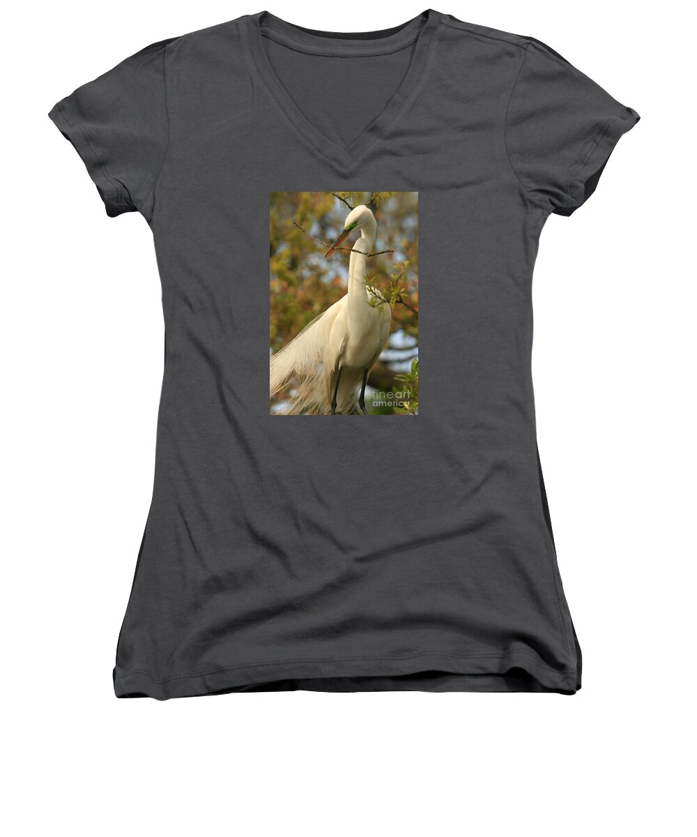Landscapes Women's V-Neck featuring the photograph Great Egret Impressions by John F Tsumas