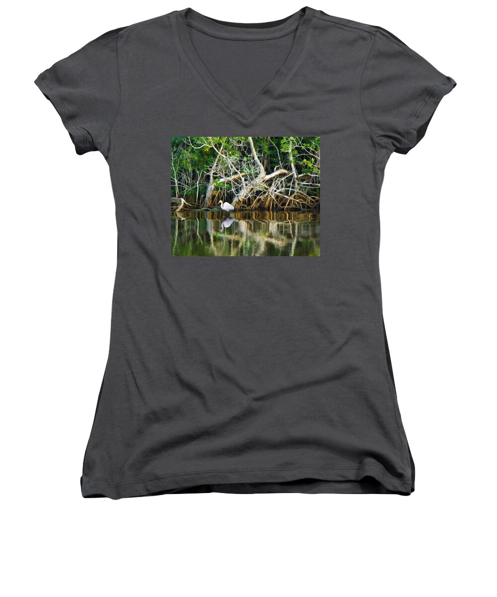 White Egret Bird Women's V-Neck featuring the photograph Great White Egret and Reflection in Swamp Mangroves by Ginger Wakem