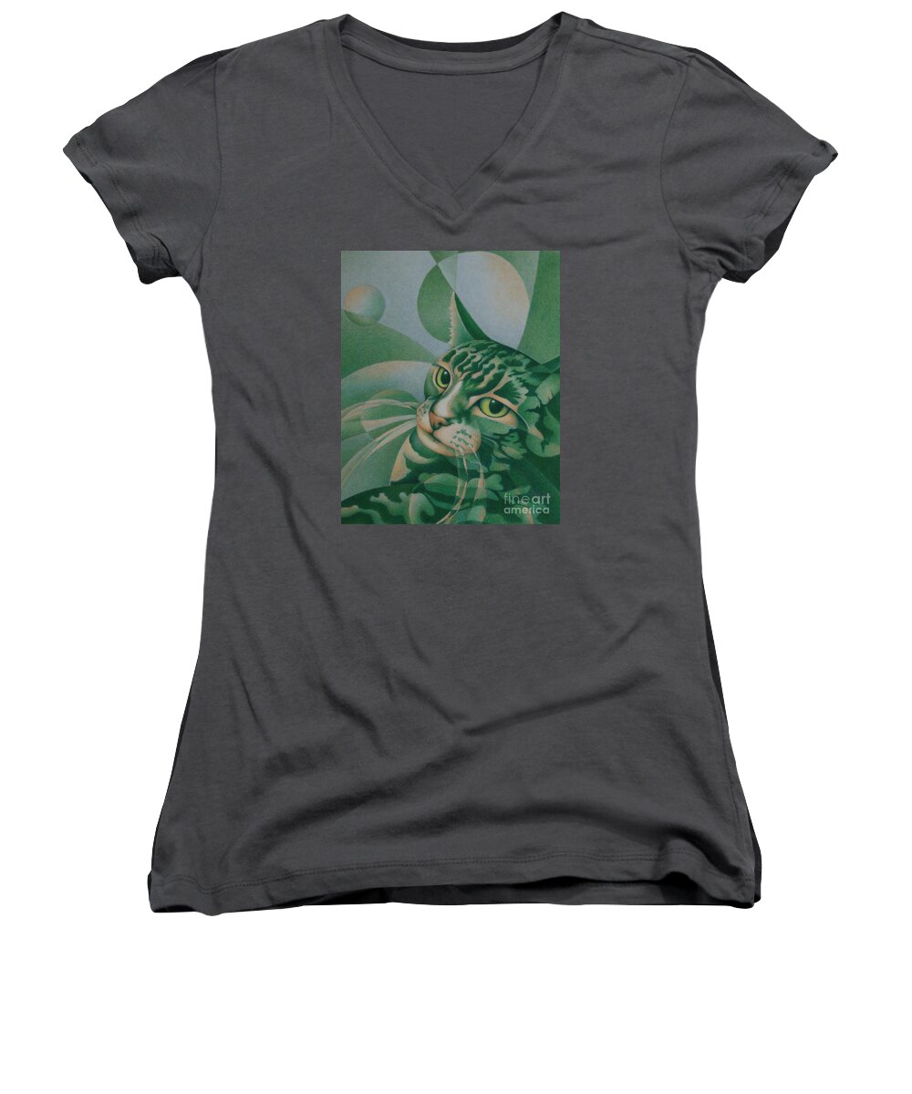 Cat Women's V-Neck featuring the painting Green Feline Geometry by Pamela Clements