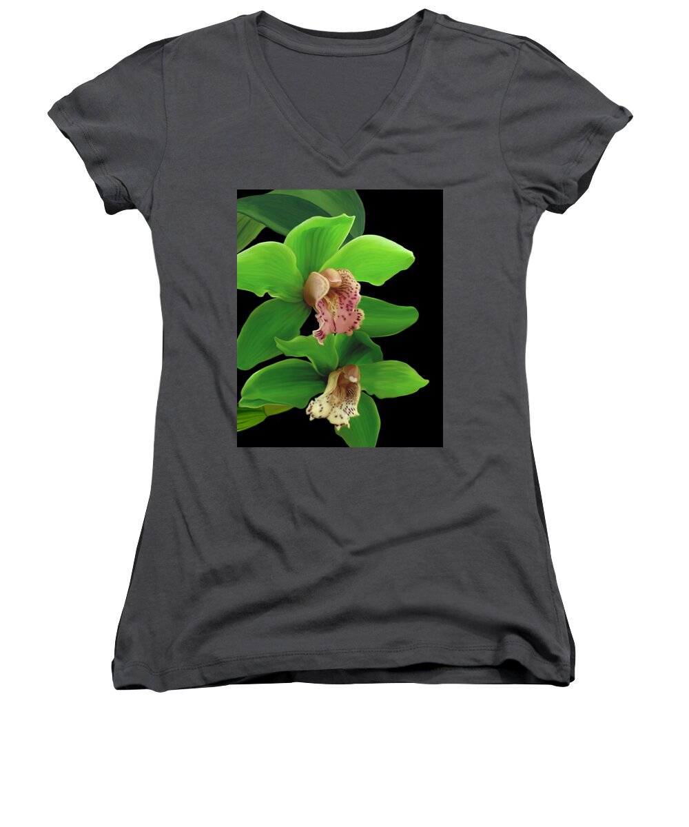 Green Women's V-Neck featuring the mixed media Green Orchids by Anthony Seeker