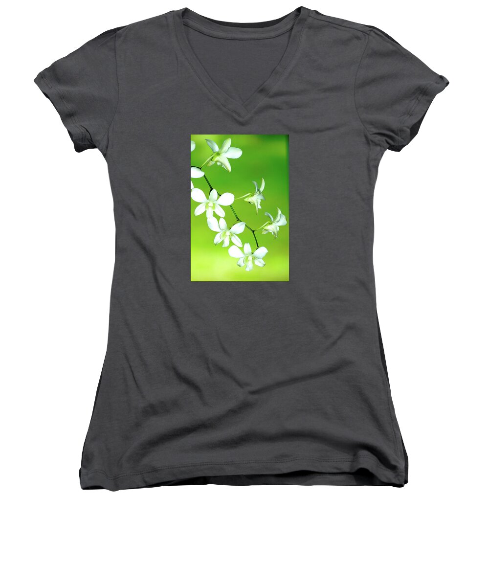 Orchids Women's V-Neck featuring the photograph Hanging White Orchids by Lehua Pekelo-Stearns