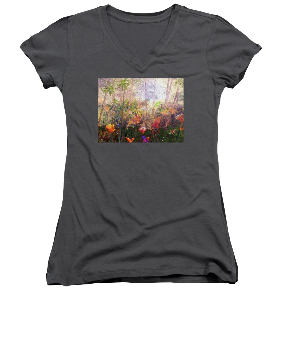 Happy Place Women's V-Neck featuring the mixed media Happy Place by Kiki Art