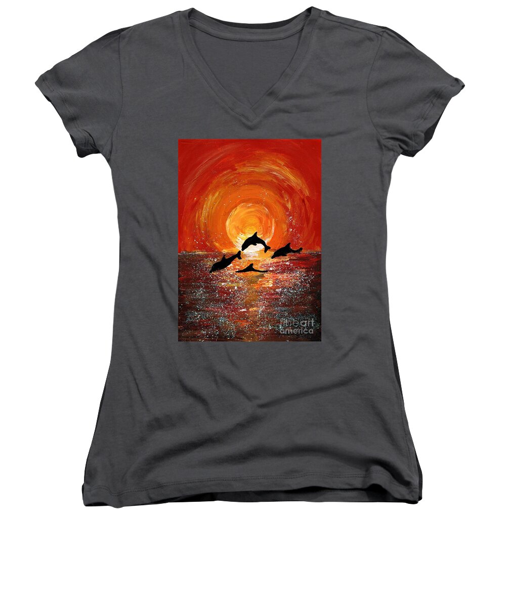 Dolphin Women's V-Neck featuring the painting Harmony by Karen Jane Jones