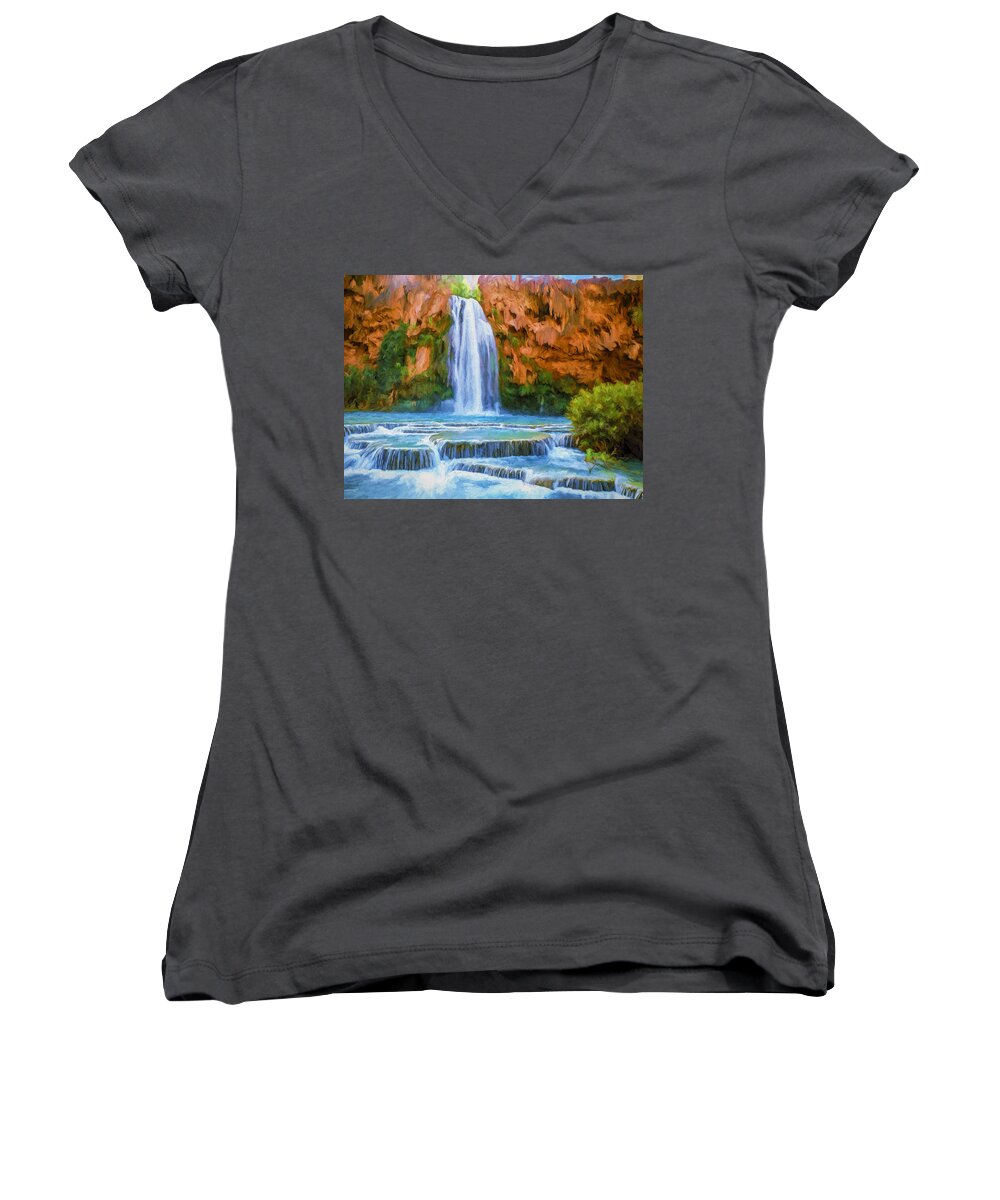 Fine Art Women's V-Neck featuring the painting Havasu Falls by David Wagner