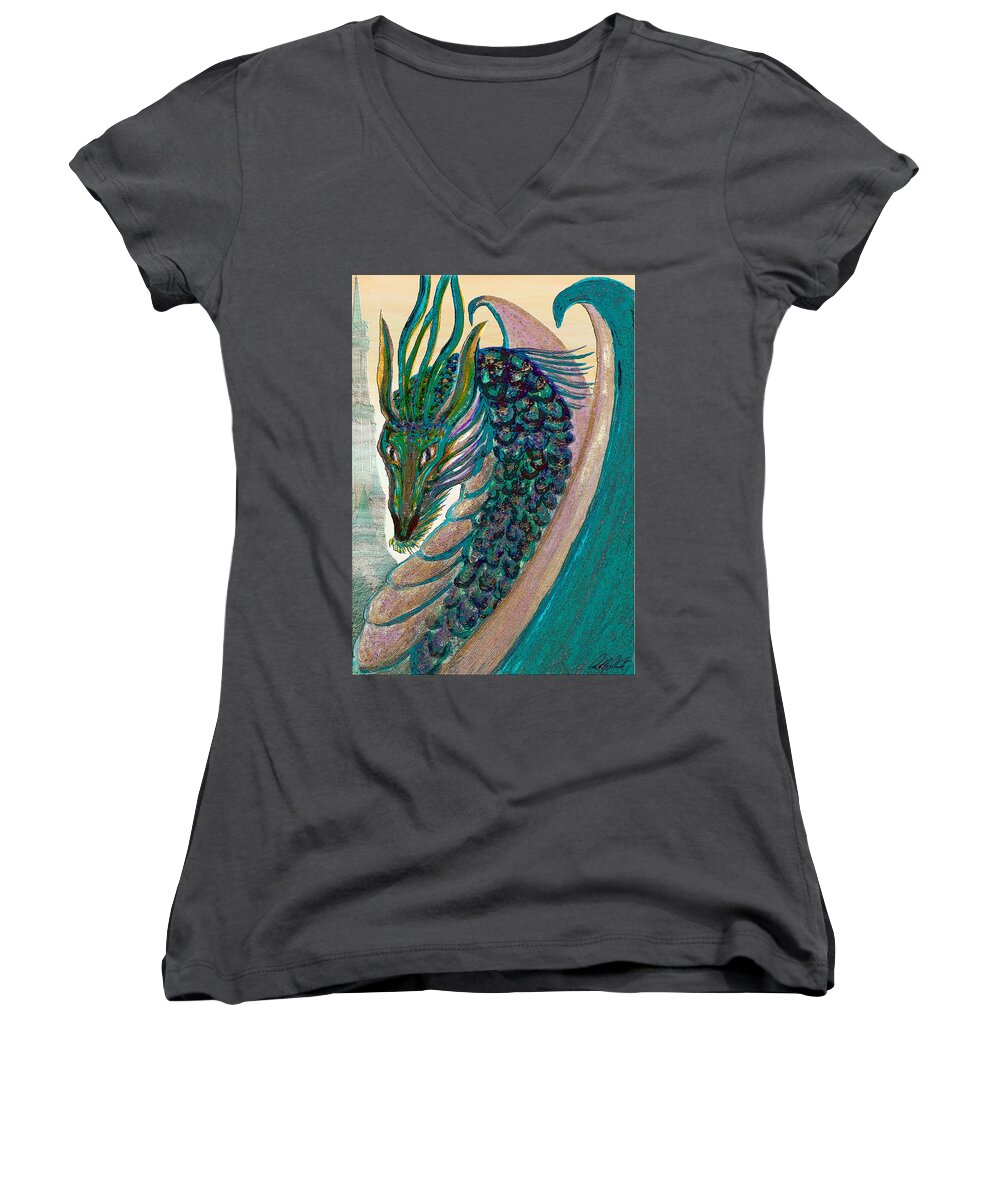 Dragon Women's V-Neck featuring the painting Healing Dragon by Michele Avanti