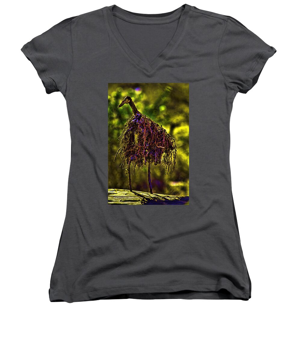 Log Women's V-Neck featuring the photograph Heron Totem by Gary Holmes
