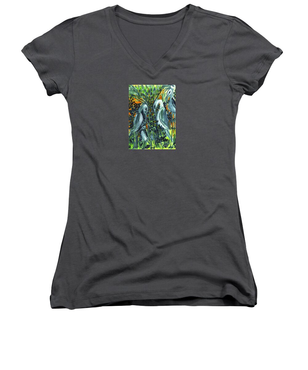 Herons Women's V-Neck featuring the painting Herons by Holly Carmichael