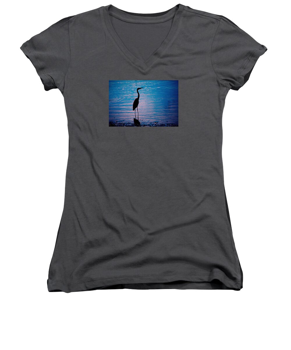 Great Blue Heron Women's V-Neck featuring the photograph Herons Moment by Karol Livote