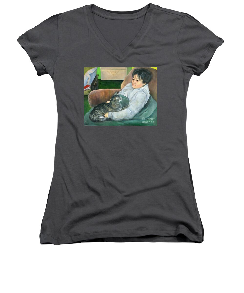 Girl Women's V-Neck featuring the painting HEY by Marlene Book
