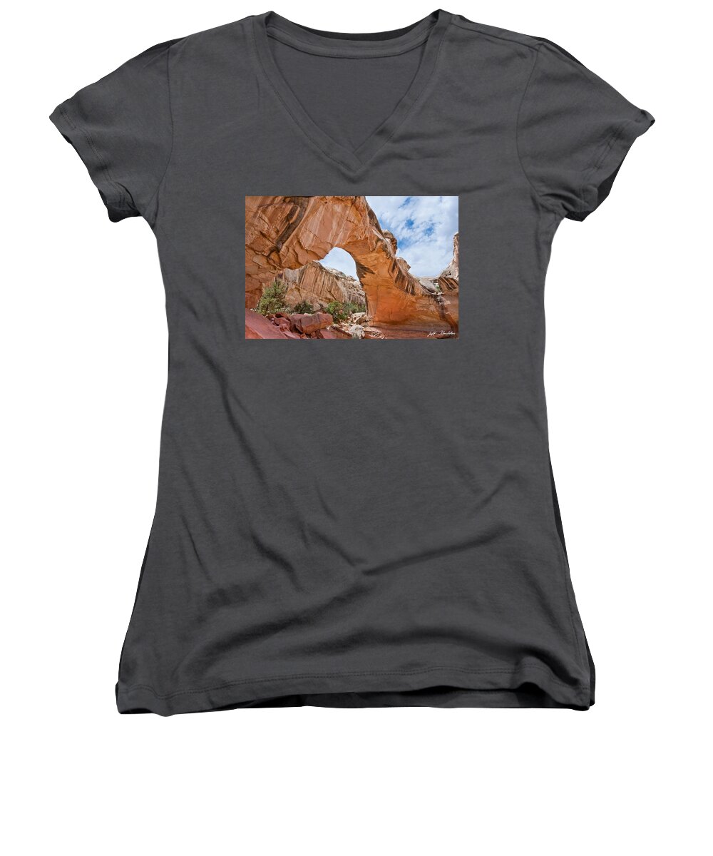 Arch Women's V-Neck featuring the photograph Hickman Bridge Natural Arch by Jeff Goulden
