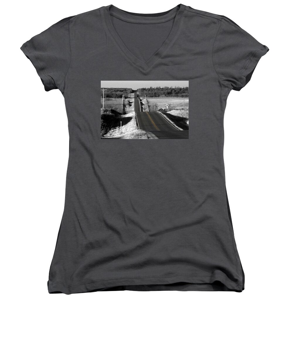 B&w Women's V-Neck featuring the photograph Hilly Ride by Brian Duram