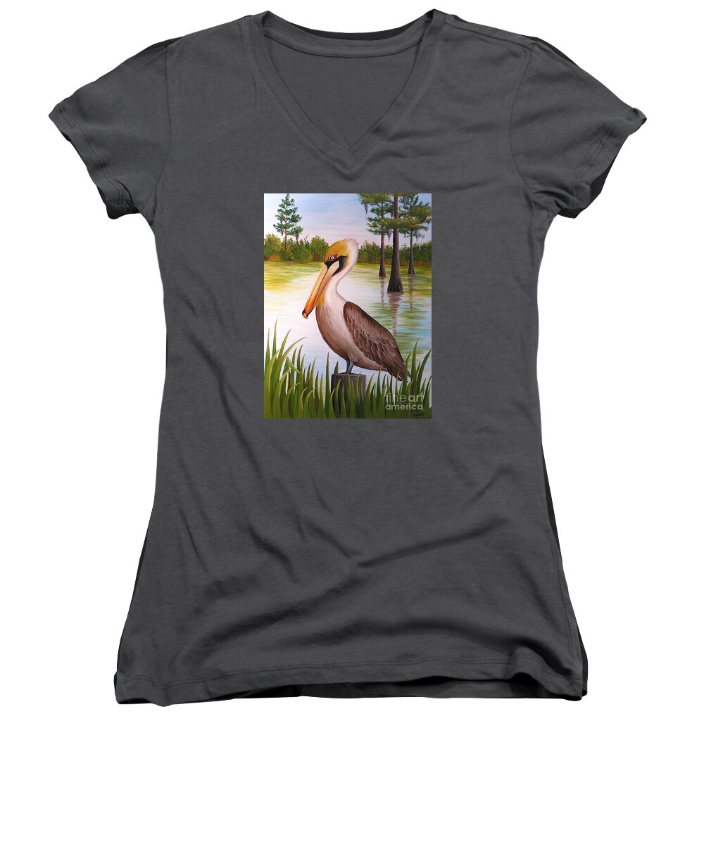 Bird Women's V-Neck featuring the painting Home on the Bayou by Valerie Carpenter