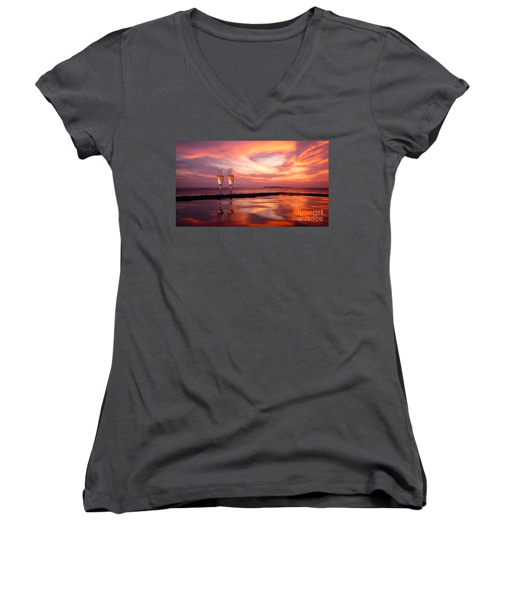 Champagne Women's V-Neck featuring the photograph Honeymoon - A Heart In The Sky by Hannes Cmarits