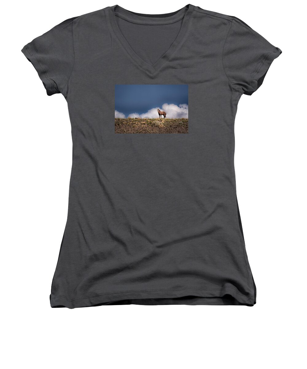 Wild Horse Women's V-Neck featuring the photograph Horse in the Clouds by Janis Knight