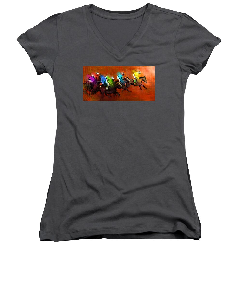 Sports Women's V-Neck featuring the painting Horses racing 01 by Miki De Goodaboom