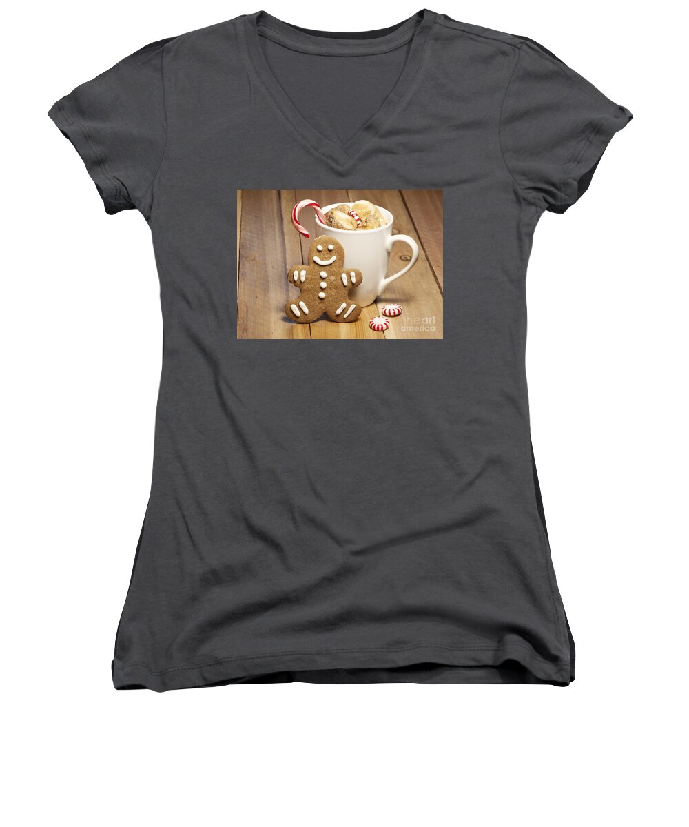 Baked Women's V-Neck featuring the photograph Hot Chocolate Toasted Marshmallows and a Gingerbread Cookie by Juli Scalzi