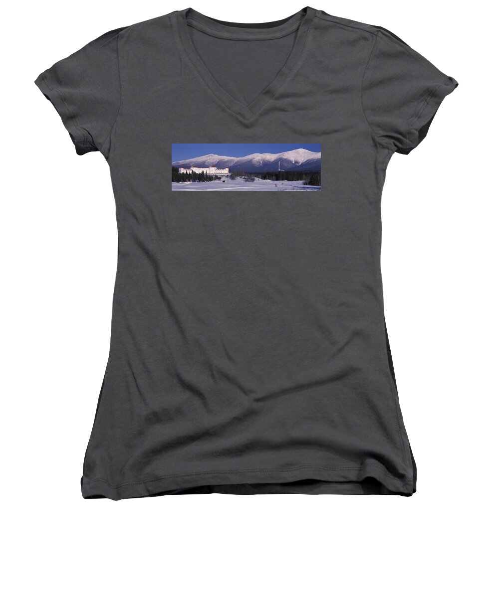 Photography Women's V-Neck featuring the photograph Hotel Near Snow Covered Mountains, Mt by Panoramic Images