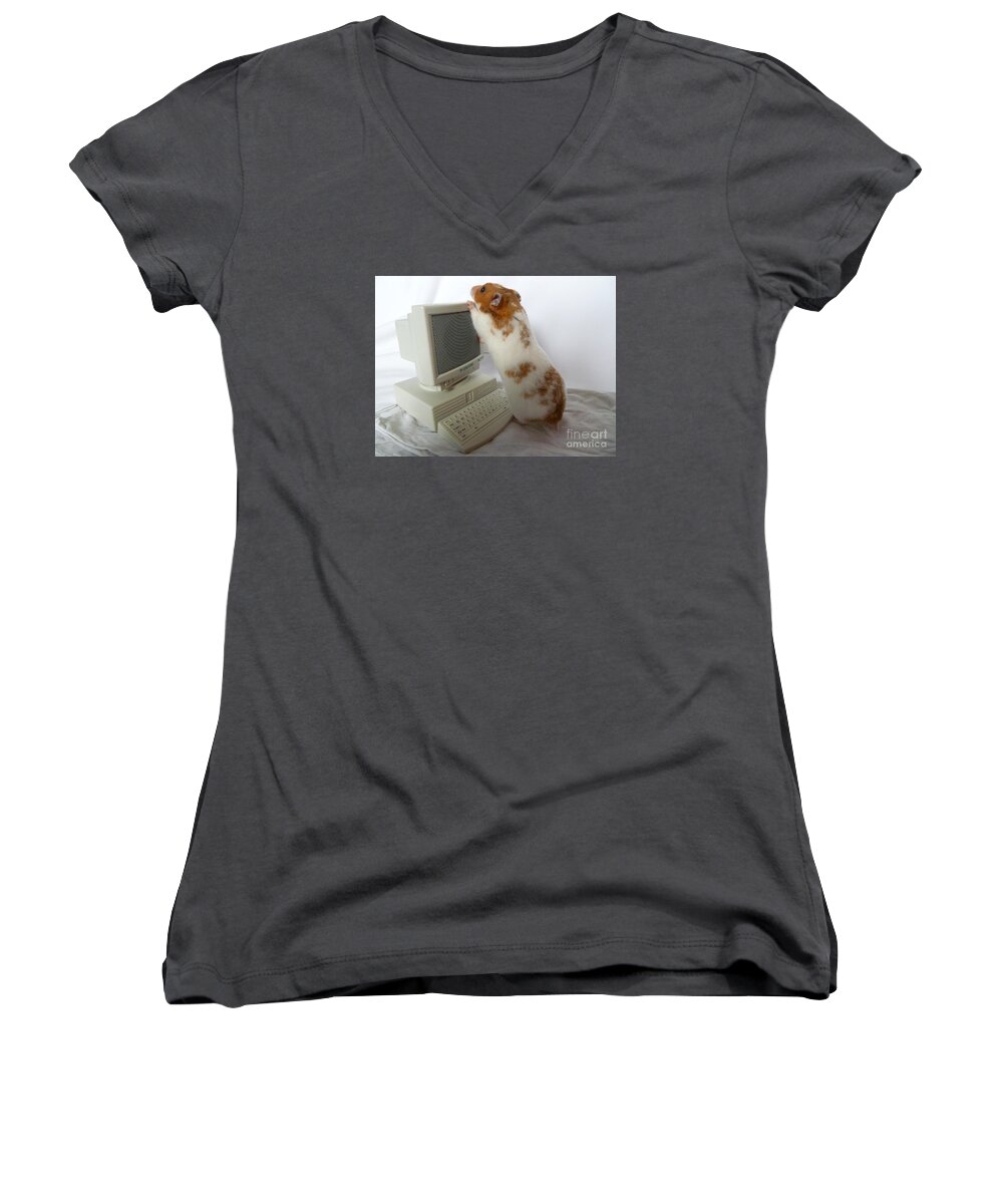 Hamster Women's V-Neck featuring the photograph How do you switch on this screen? by Vicki Spindler