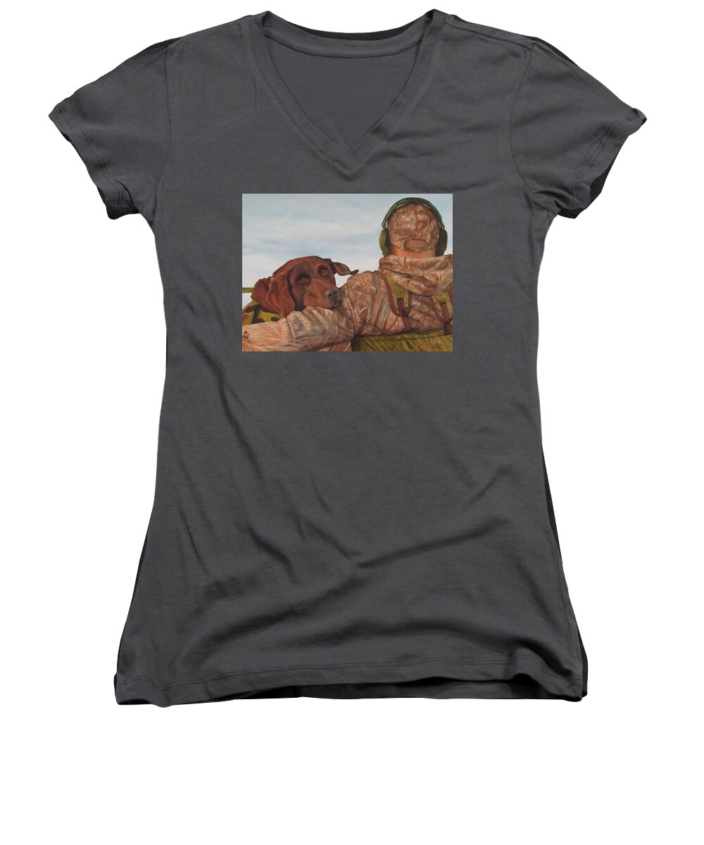 Chocolate Lab Women's V-Neck featuring the painting Hunting Boyfriend by Tammy Taylor