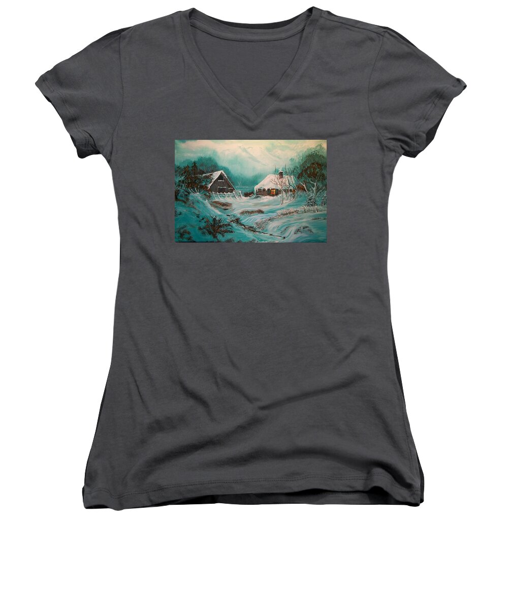 Log Women's V-Neck featuring the painting Icy Twilight by Sharon Duguay