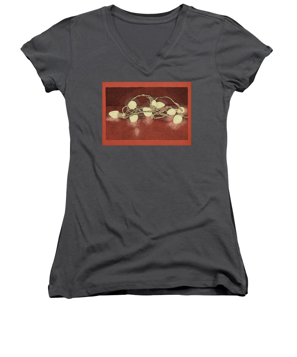 Lights Holiday Christmas Red Women's V-Neck featuring the drawing Illumination Variation #2 by Meg Shearer