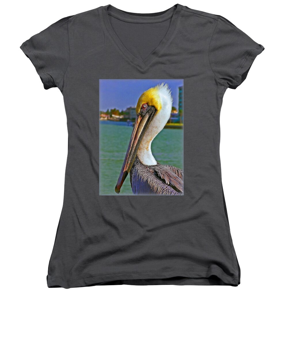 Pelican Women's V-Neck featuring the photograph I'm the King by Hanny Heim